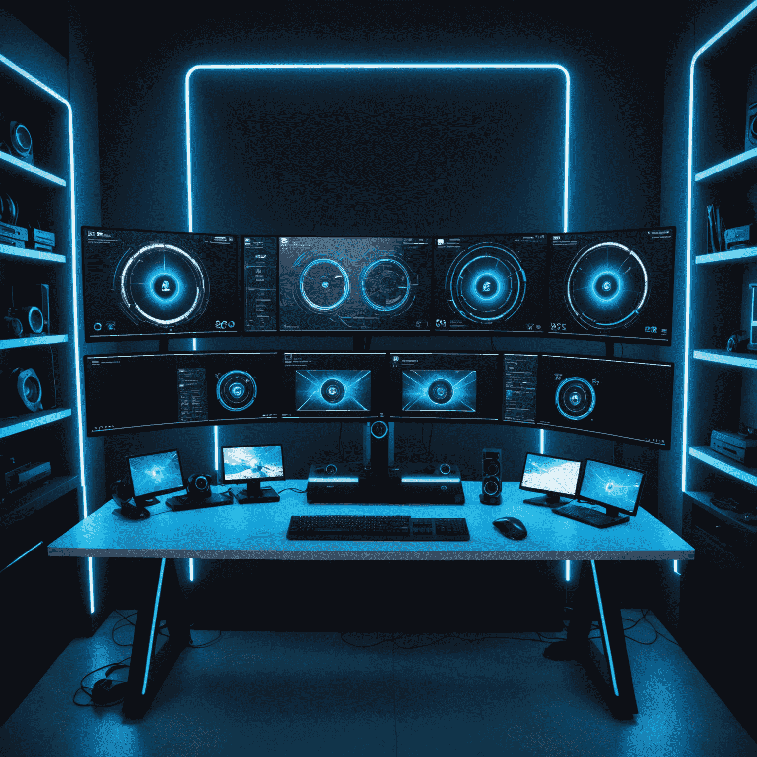 A futuristic gaming setup with multiple monitors displaying performance metrics and optimization tools. The image showcases a sleek, minimalist design with blue accent lighting, symbolizing Parsec's innovative approach to game optimization.