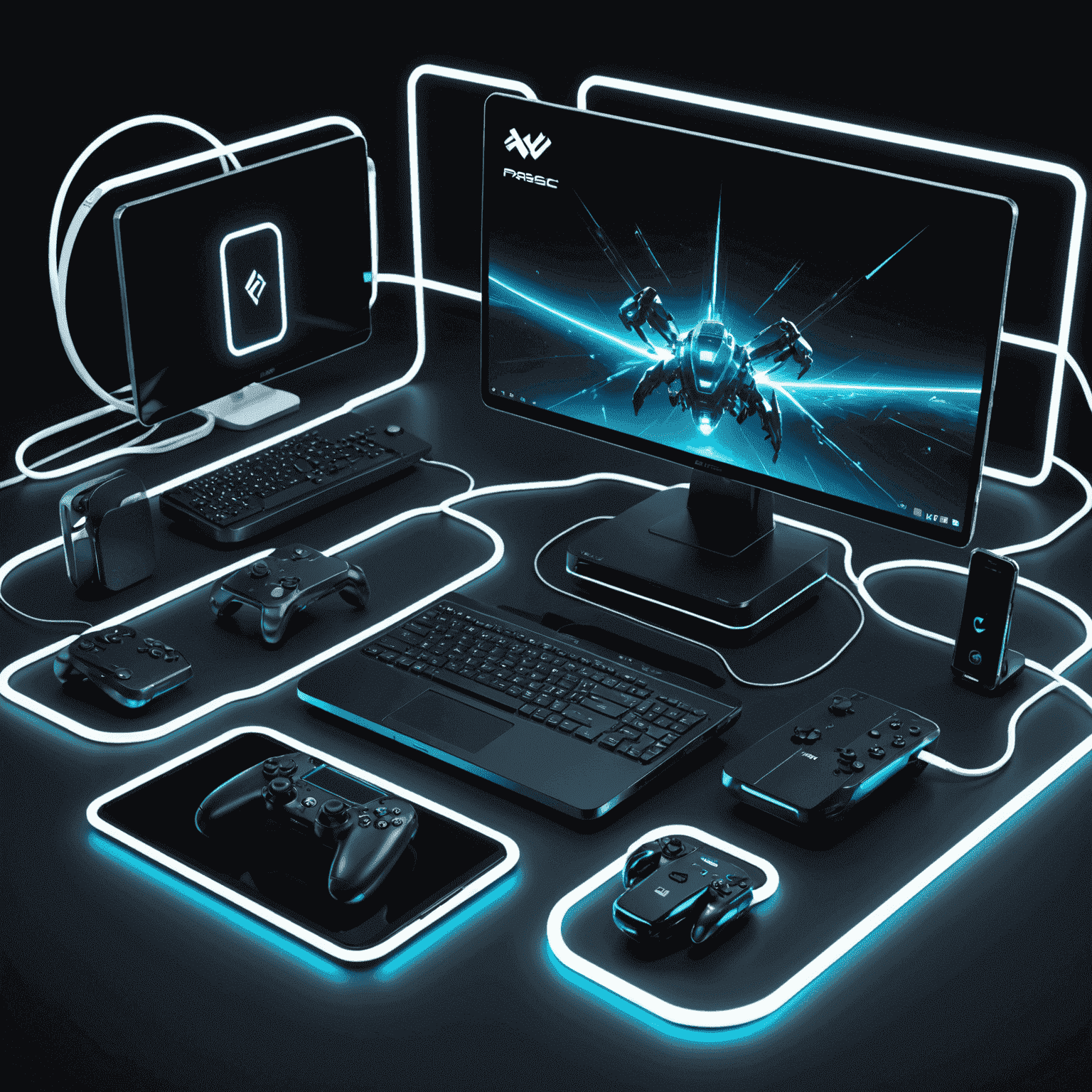 A visual representation of multiple gaming devices connected seamlessly, showcasing cross-platform compatibility. The image features a PC, console, smartphone, and tablet all linked together with glowing lines, symbolizing Parsec's efforts in ensuring smooth gameplay across different platforms.