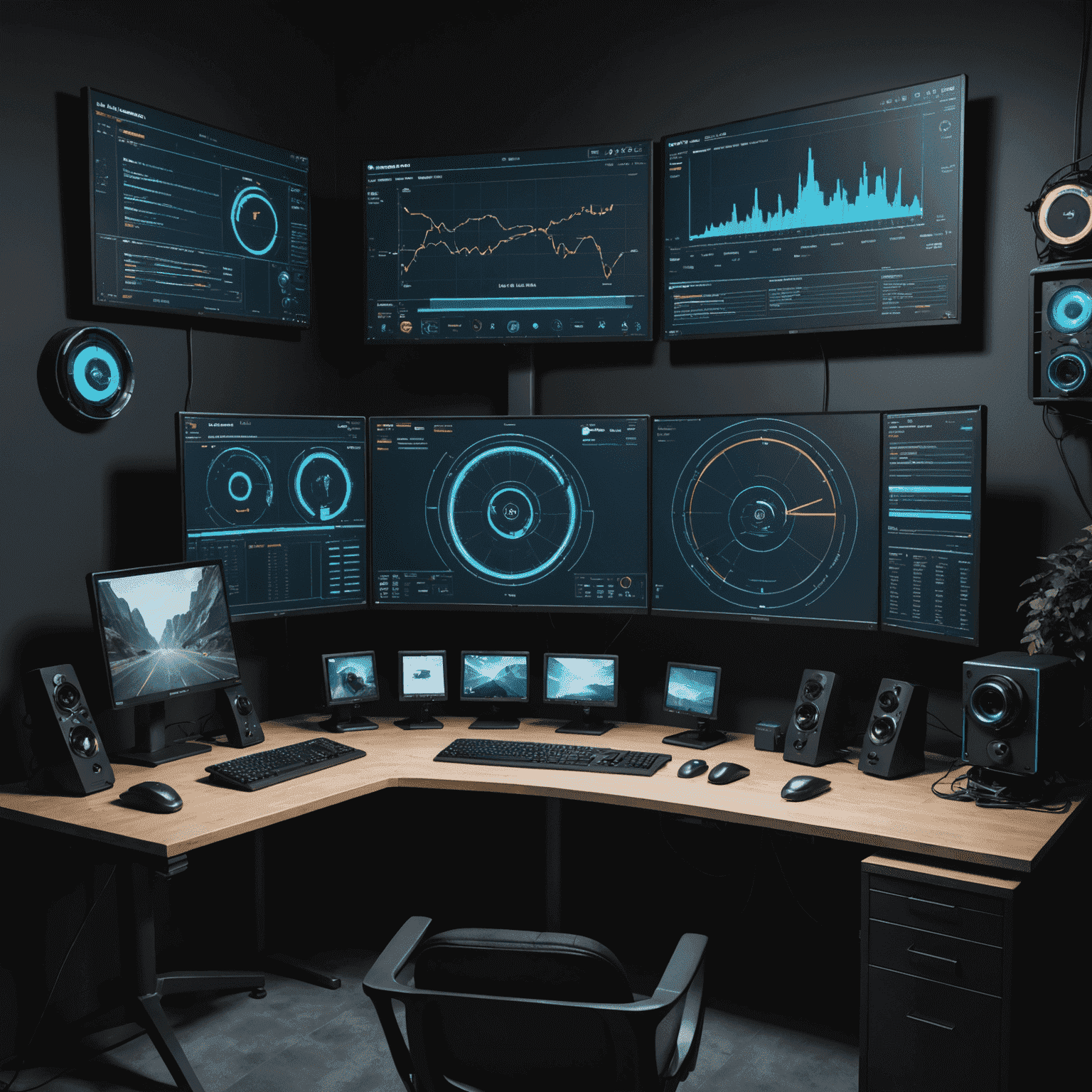 A futuristic gaming setup with multiple monitors displaying various performance metrics and benchmarking data. The central screen shows a 3D graph of frame rates across different game engines.