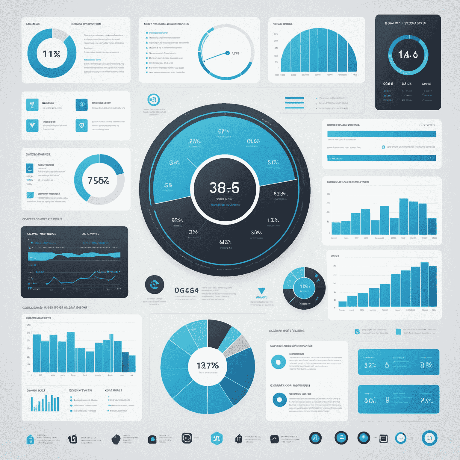 A detailed infographic showing various aspects of game performance analysis, including frame rate graphs, CPU/GPU usage charts, and cross-platform compatibility icons. The image uses a clean, minimalist design with sky blue accent colors on a white background.