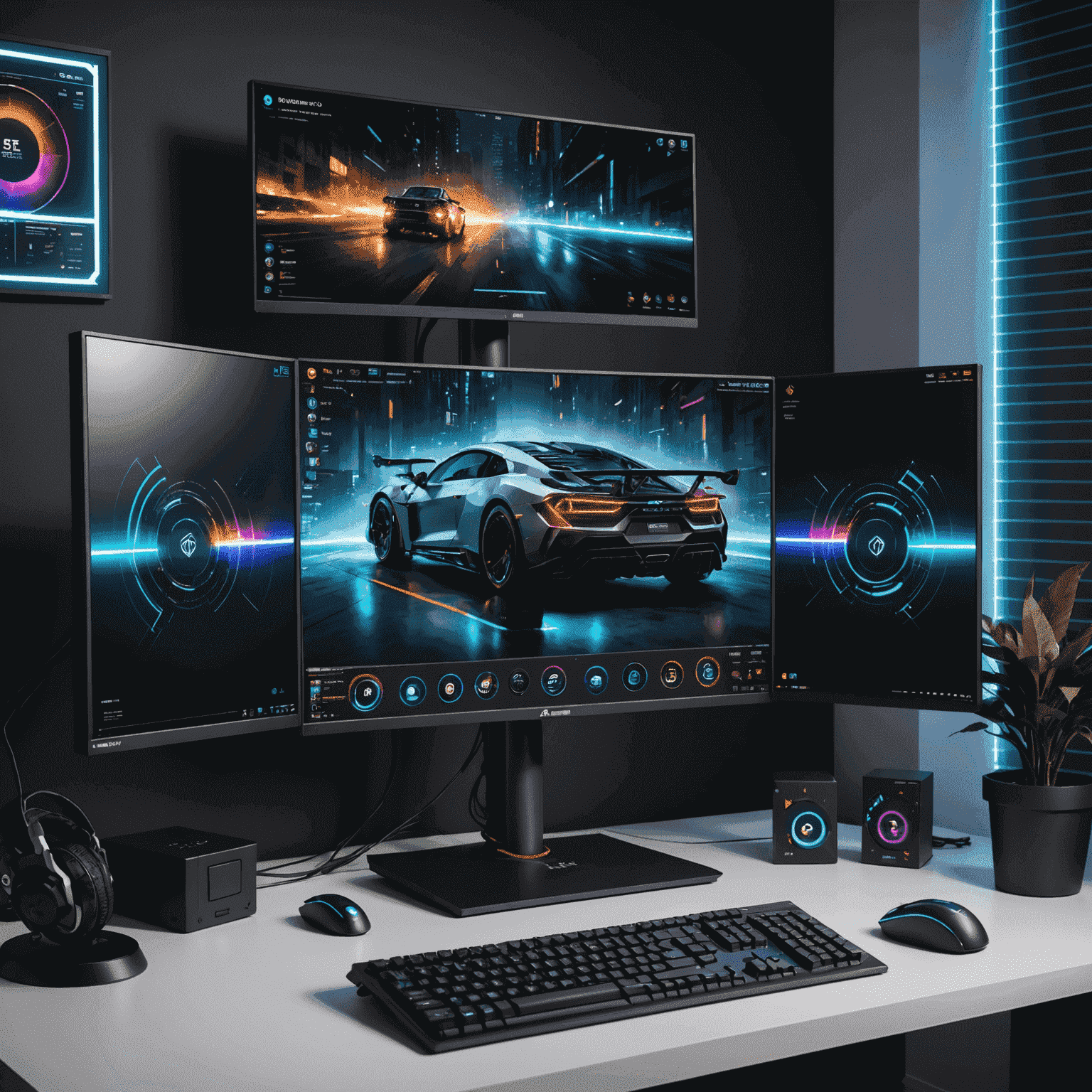 A high-tech gaming setup with multiple monitors displaying performance metrics, FPS counters, and hardware utilization graphs. The image showcases a sleek gaming PC with RGB lighting, symbolizing the cutting-edge nature of system optimization for gaming.