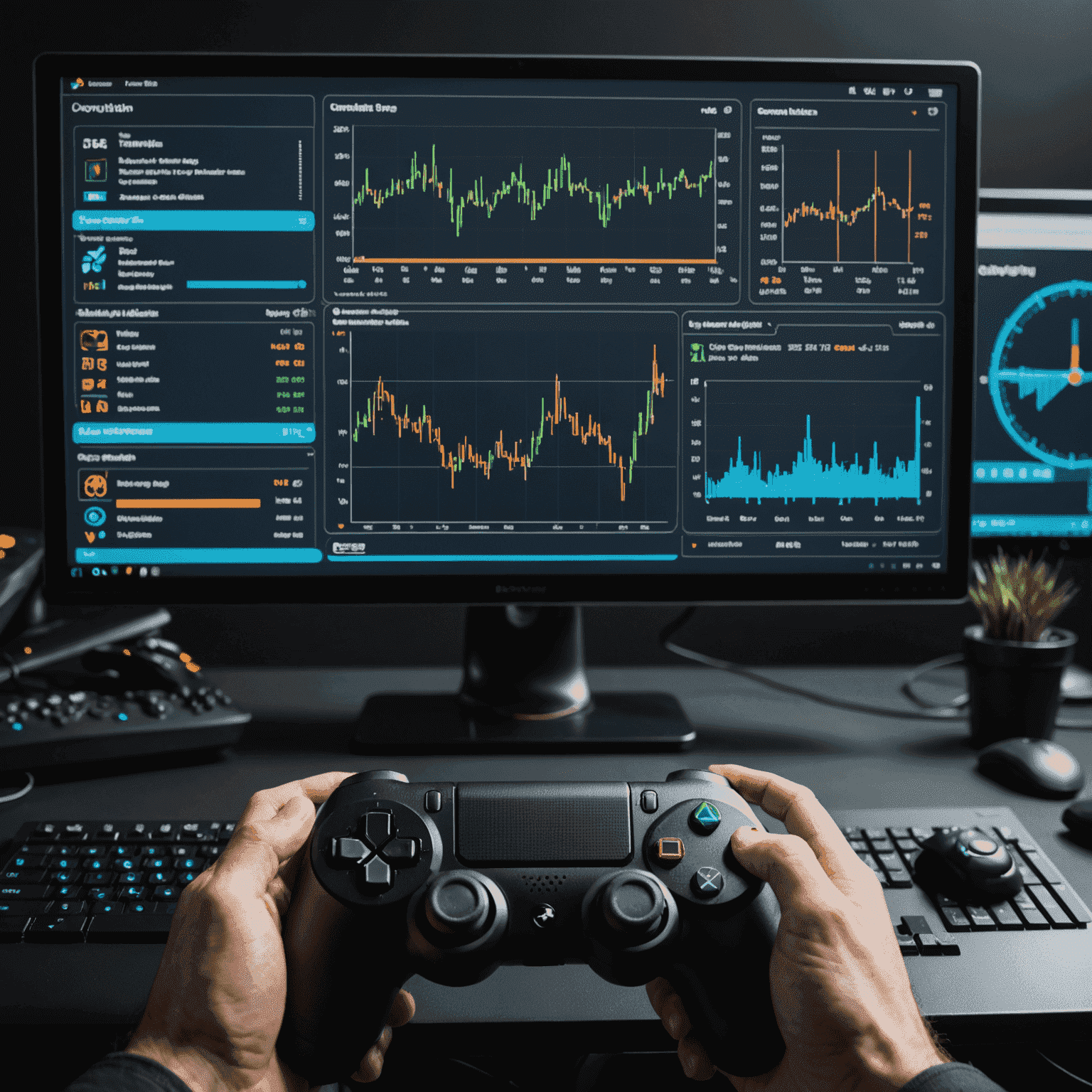 A computer screen displaying various performance metrics and graphs, with a gaming controller in the foreground, symbolizing advanced gaming optimization techniques