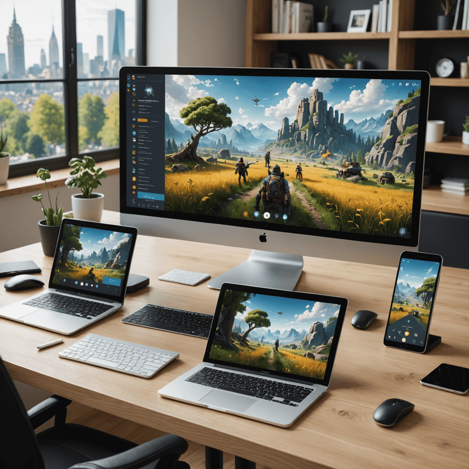 Multiple devices (smartphone, tablet, laptop, and desktop computer) displaying the same game interface, symbolizing cross-platform compatibility. The image shows seamless integration and consistent user experience across different screen sizes and operating systems.
