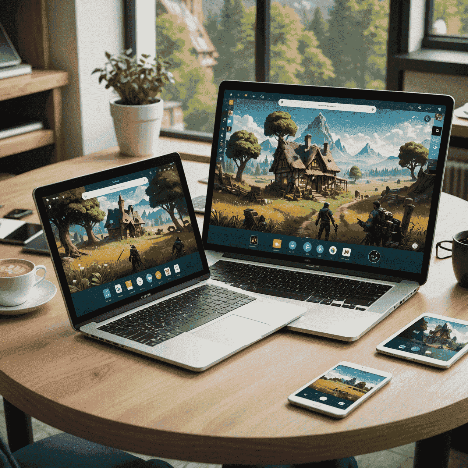 Multiple devices (smartphone, tablet, laptop, and desktop) displaying the same game interface, illustrating cross-platform compatibility