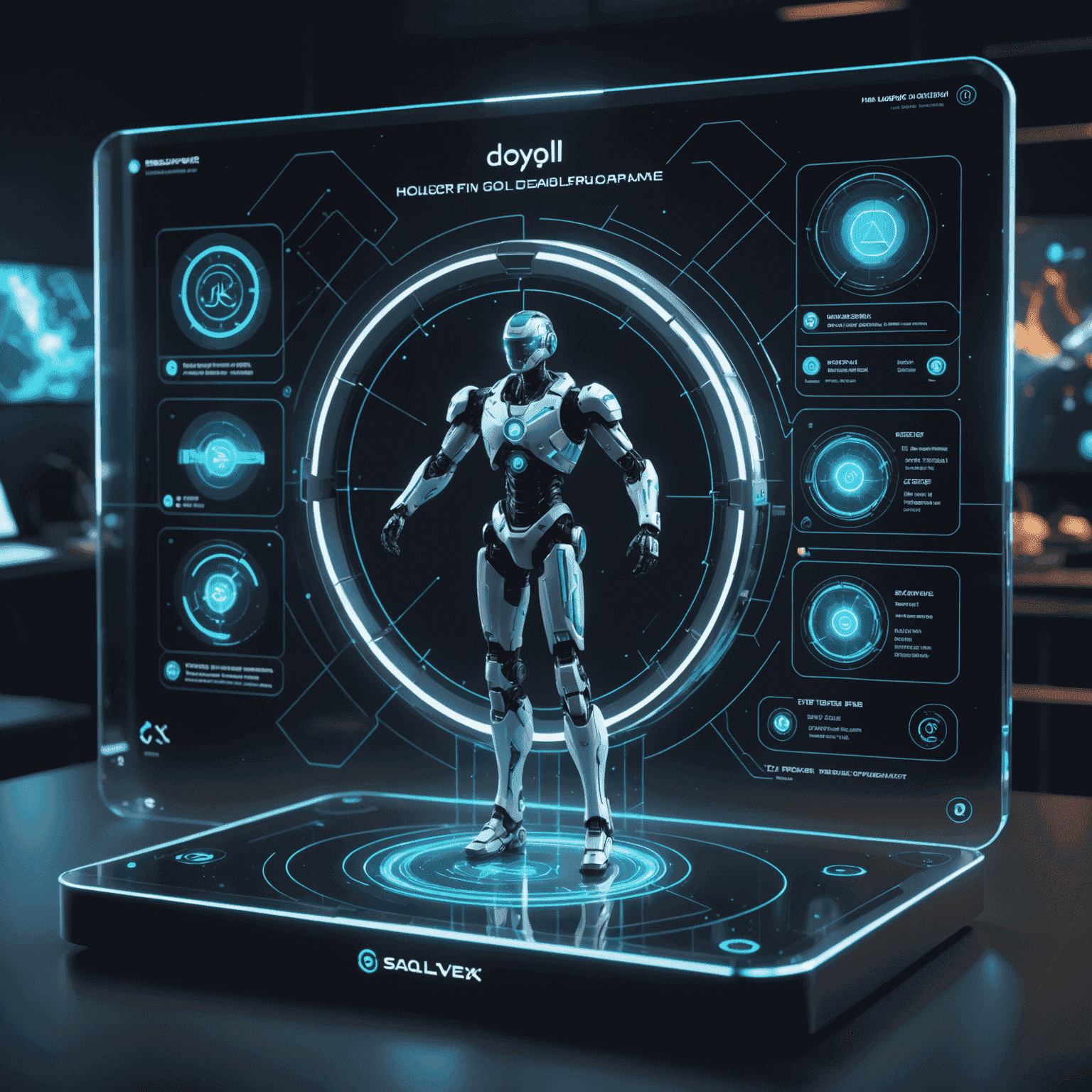 A holographic display showing an AI analyzing game performance in real-time, with floating icons representing different optimization techniques being applied dynamically.